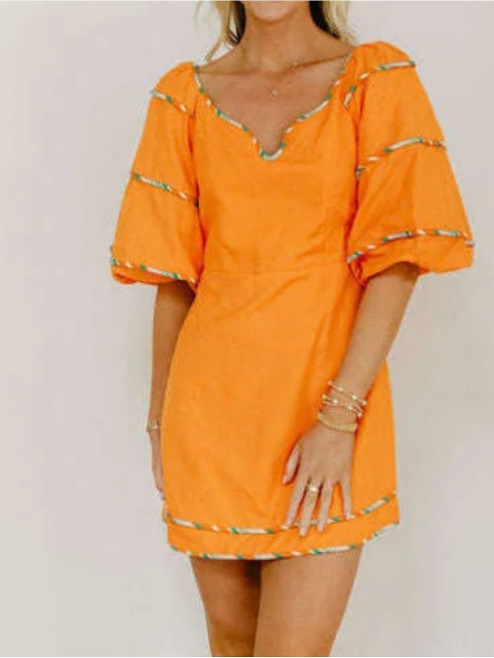 Karlie Orange Puff-Sleeve Sweetheart Neck Mini Dress